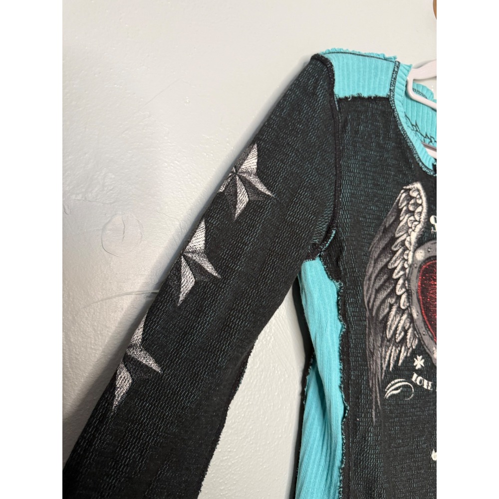 Sinful by Affliction Y2K Thermal Reversible Glitter Heart Turquoise & black top - Picture 14 of 16